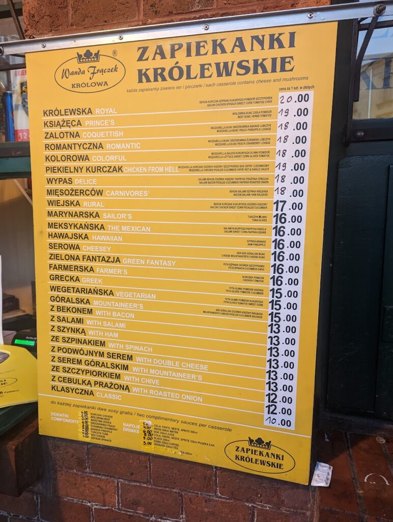 A menu showing different kinds of Zapiekanka, a Polish delicacy.