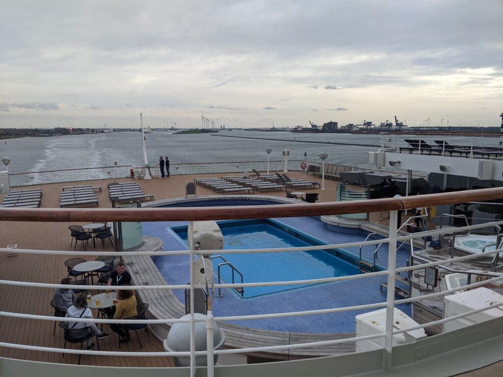 An outside pool on a cruise ship.