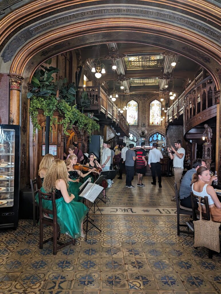 Inside an old restaurant with a string quartet