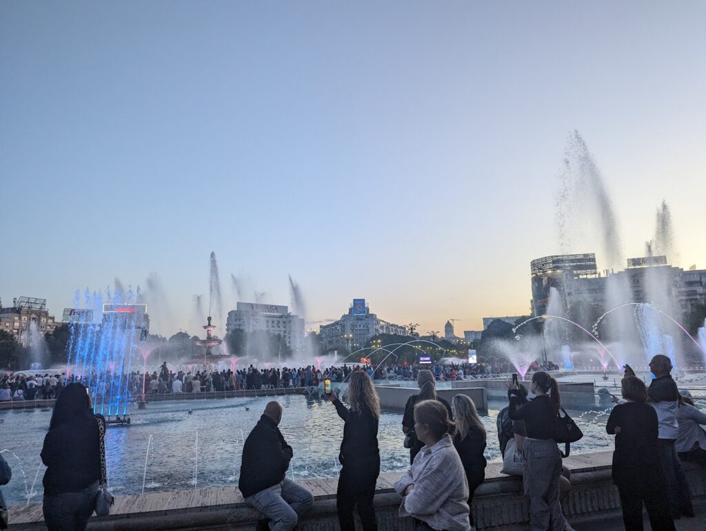 A water fountain at sunset